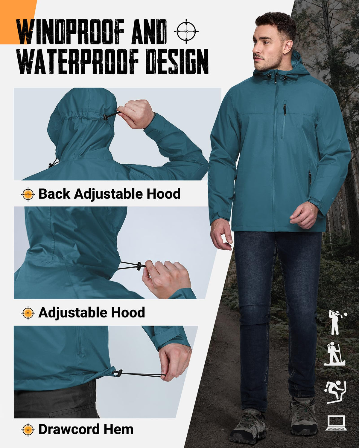 Men's Packable Rain Jacket Waterproof Raincoat with Hood