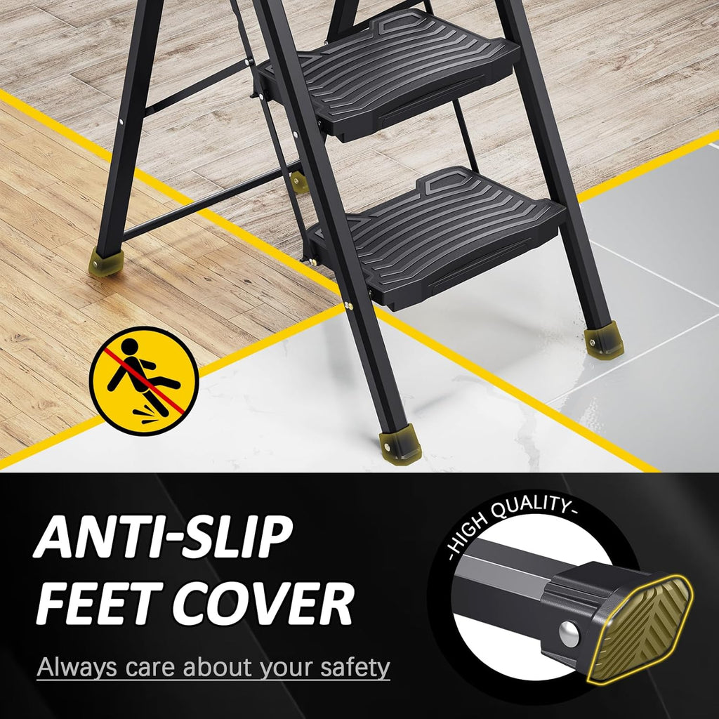 Step Ladder 4 Step Folding, 900lbs 4 Step Ladder with Anti-Slip Wide Pedal and Handrails, Lightwight Household