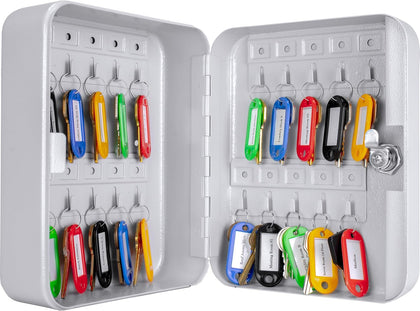 20 Position Key Cabinet – Wall Mount Steel Key Lock Box with Numbered Hooks, Colored Tags & Gray Finish for Home