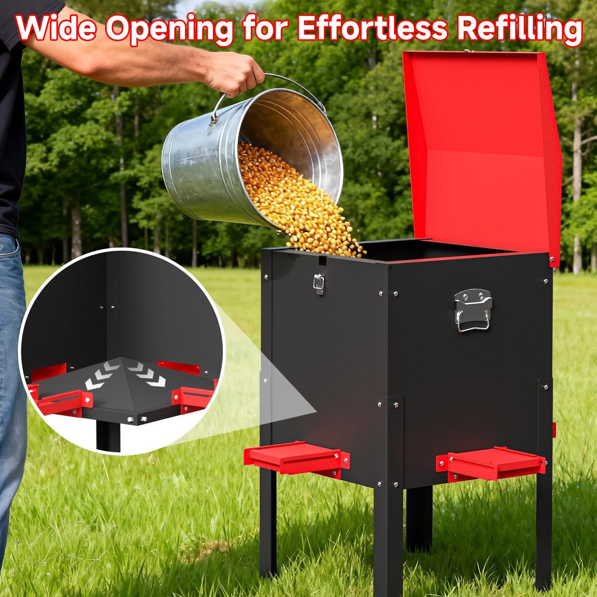 Waterproof Deer Feeder 100 lbs Capacity, Rust-Resistant Freestanding Deer Feeder for Yard, Garden & Hunting, Easy to
