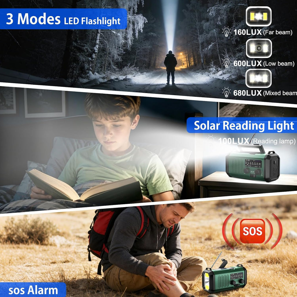 Hand Crank Emergency Radio, NOAA Weather Radio AM/FM,10000mAh | Solar Power Bank,Rechargeable Battery Powered, USB-C