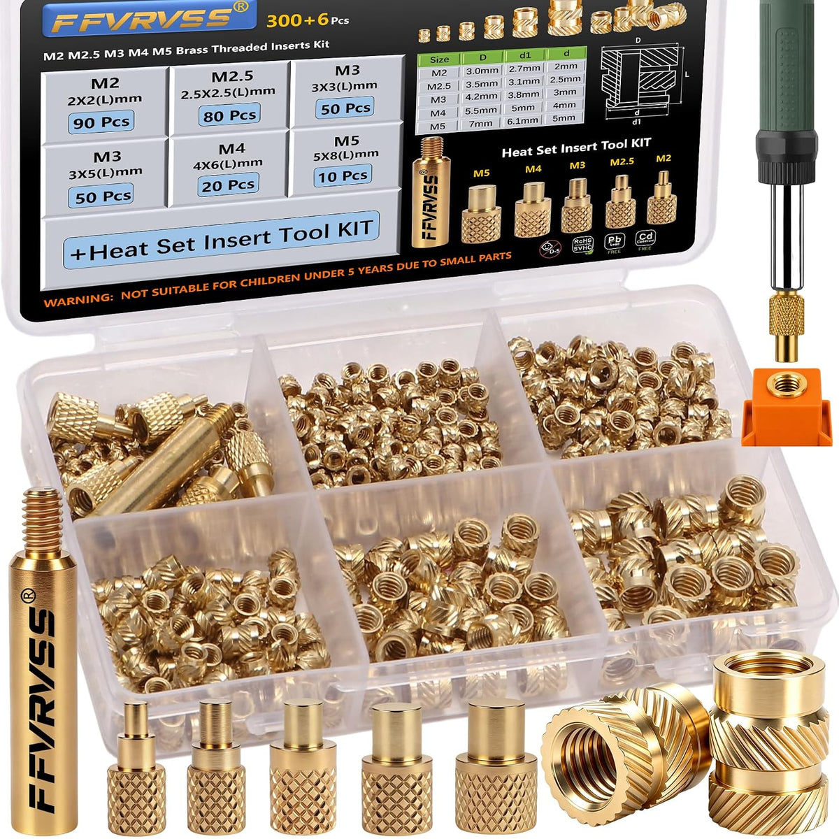 300+6Pcs Brass Threaded Inserts M2 M2.5 M3 M4 M5 for 3D Printing