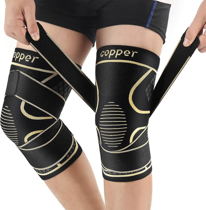 Copper Knee Braces with Strap for Knee Pain Women and Men(2 Pack), Knee Compression Sleeve for Arthritis, ACL