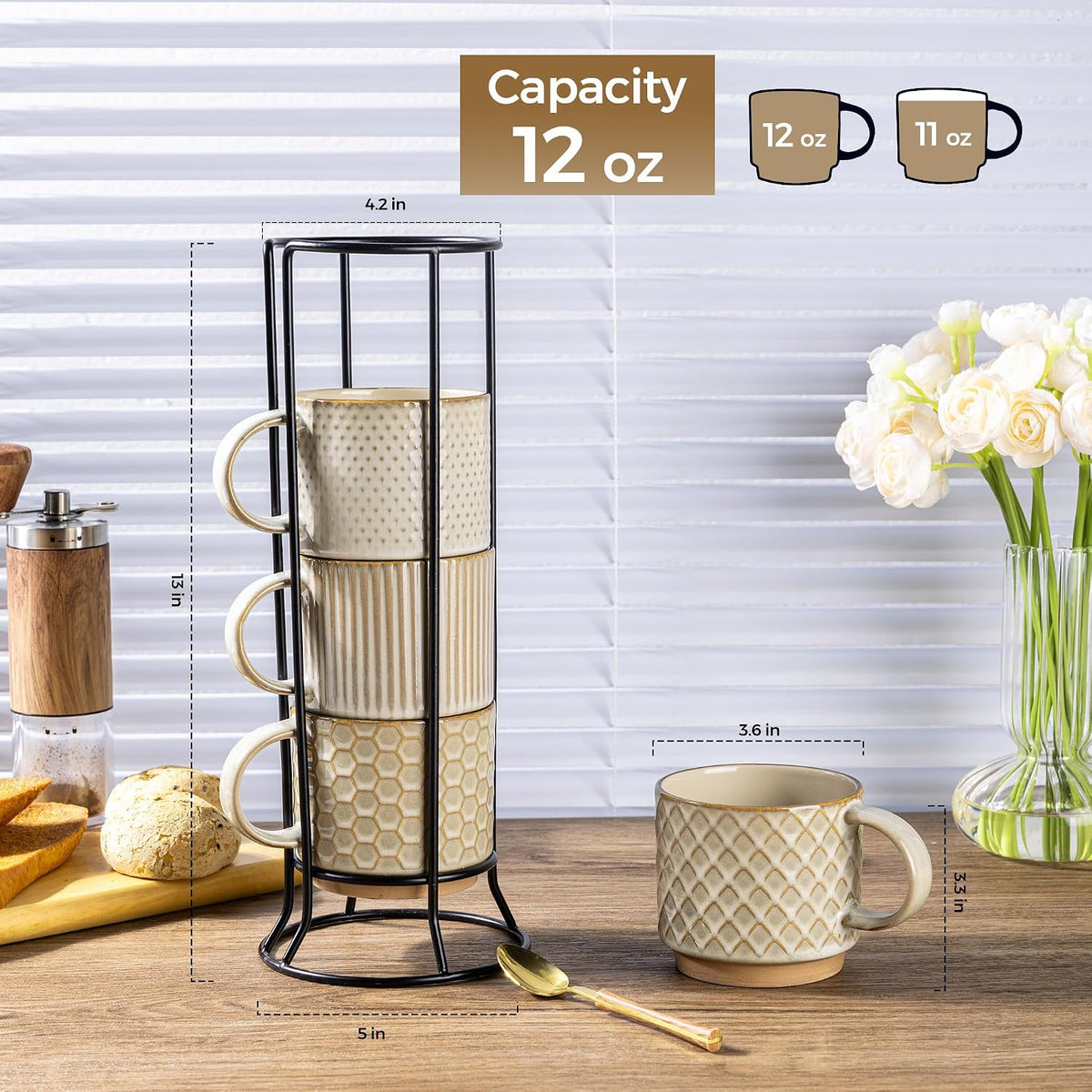 12oz Stackable Coffee Mugs with Stand, Ceramic Coffee Cups Set of 4