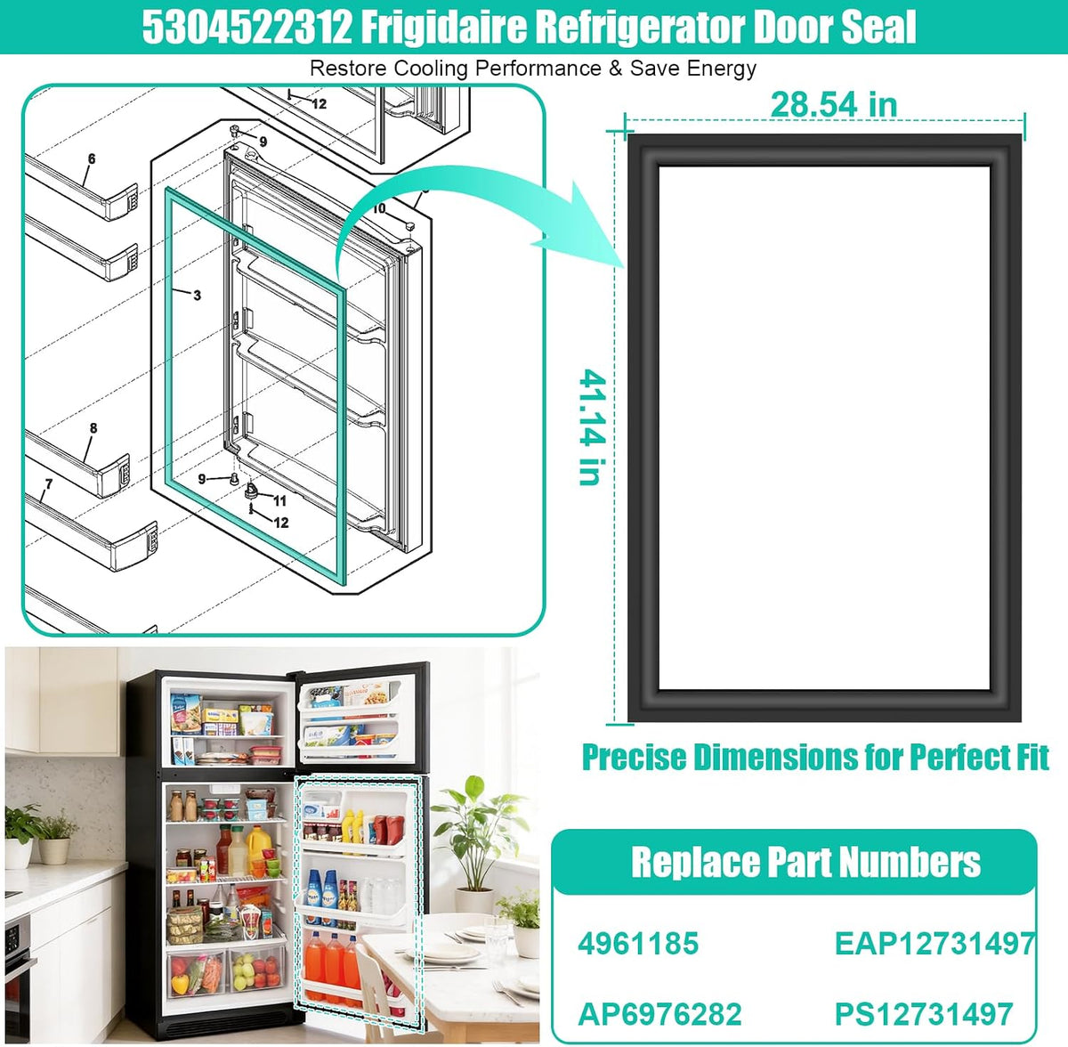 Upgraded 5304522312 Refrigerator Door Gasket Replacement Compatible with Frigidaire Fridge Door Gasket Seal FFHT1814WB2 FFTR1814VB0 Refrigerator Door Seal Magnetic Rubber Gasket 4961185 AP6976282