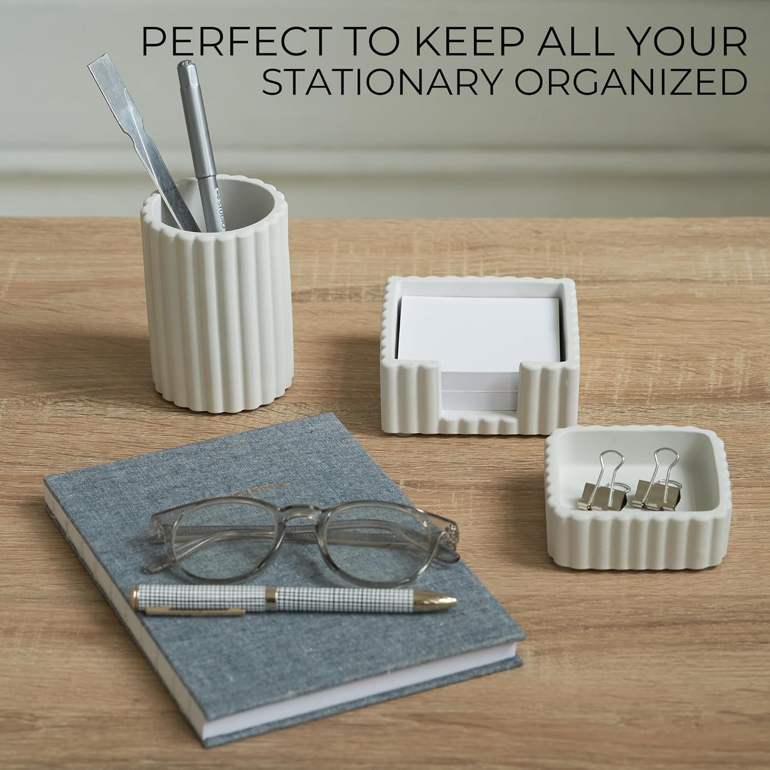 Aesthetic Desk Organizer Set of 3 For Your Office - Sturdy Concrete Desktop Accessories For Women Enhance Any Office