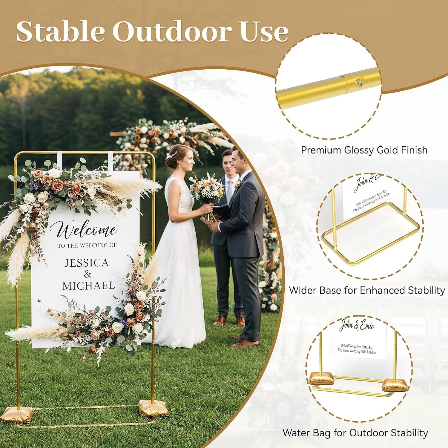 Wedding Welcome Sign Stand, Adjustable 50/68 Inch Metal Sign Holder, Gold | Overall size 68 x 31 x 20 in; ideal for