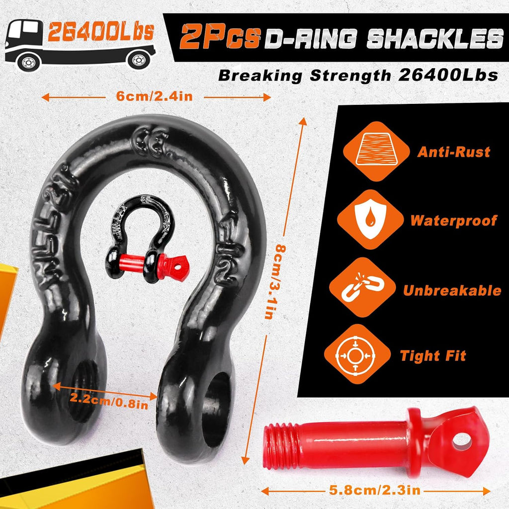 Tow Strap Heavy Duty with Hooks, 2"×16ft 22,000Lbs Tow Rope with D-Ring Shackles (2pcs) + Protective Gloves (2pcs)