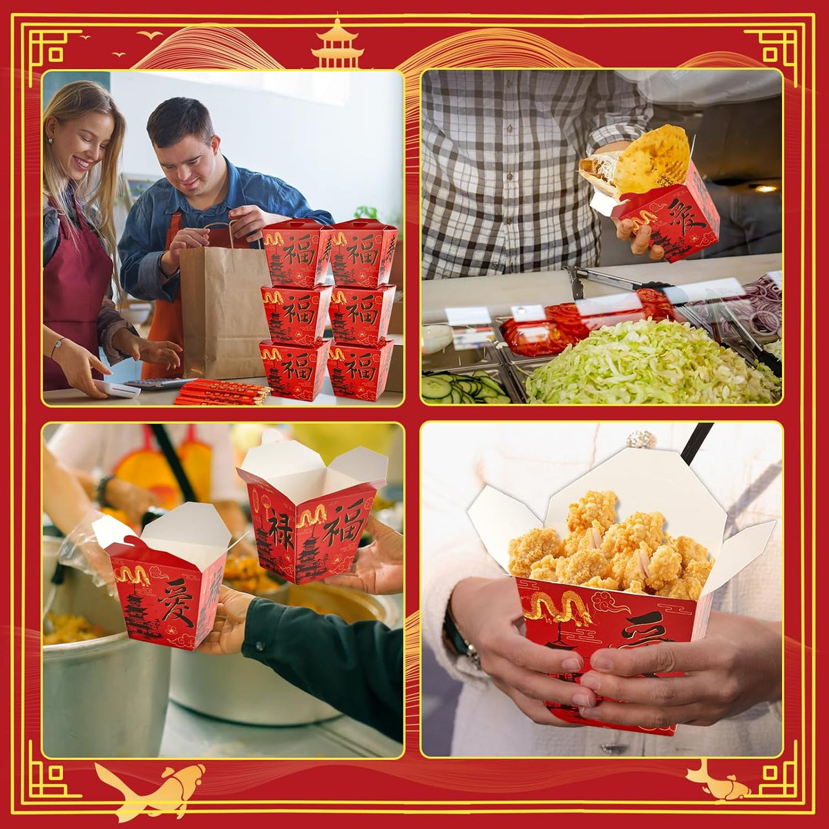 25 Sets Red Chinese Take Out Food Boxes with Chopsticks