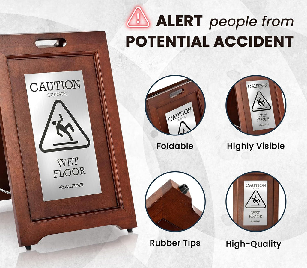 Wooden Wet Floor Sign – High-End Slippery When Wet Caution Sign, Bilingual English & Spanish, Stainless Steel Plate