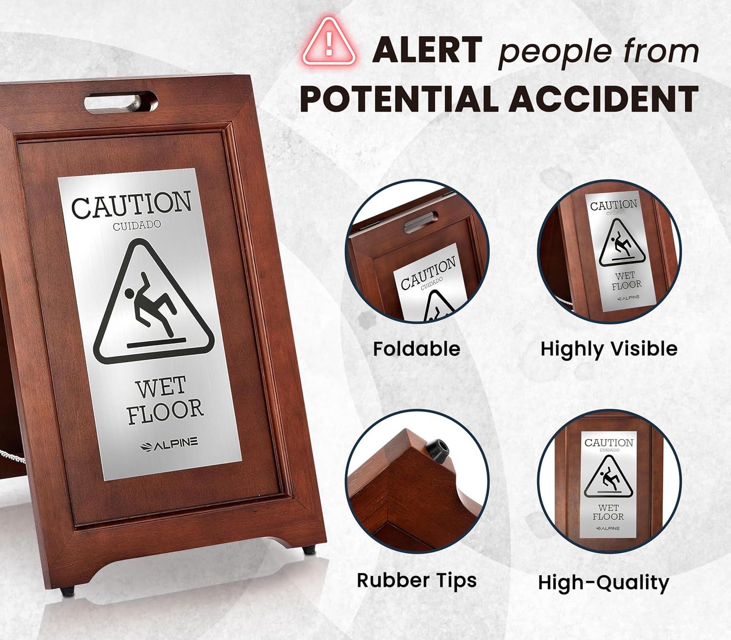 Wooden Wet Floor Sign – High-End Slippery When Wet Caution Sign, Bilingual English & Spanish, Stainless Steel Plate