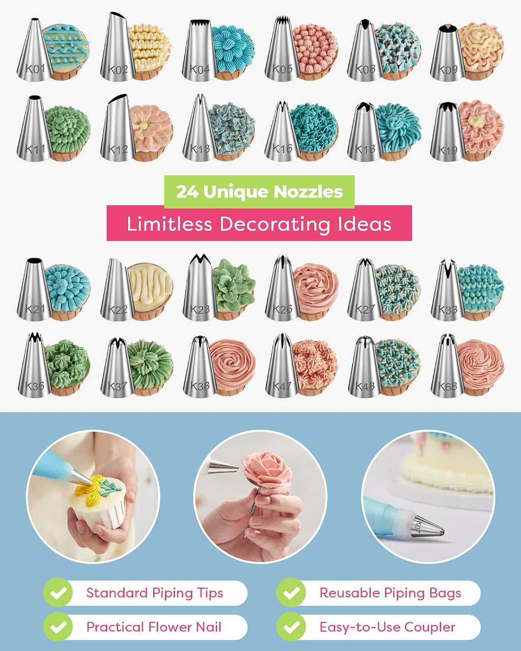 32 Piping Bags and Tips Set Frosting Piping Kit for Beginners & Pros
