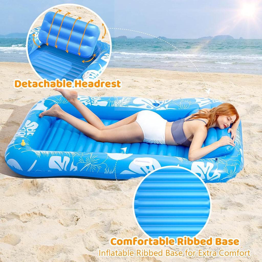 Inflatable Tanning Pool Lounger Float with Sprinkler, 77" x 48" Pool Floats Adult with Pillow, 6 in 1 Suntan Tub Raft
