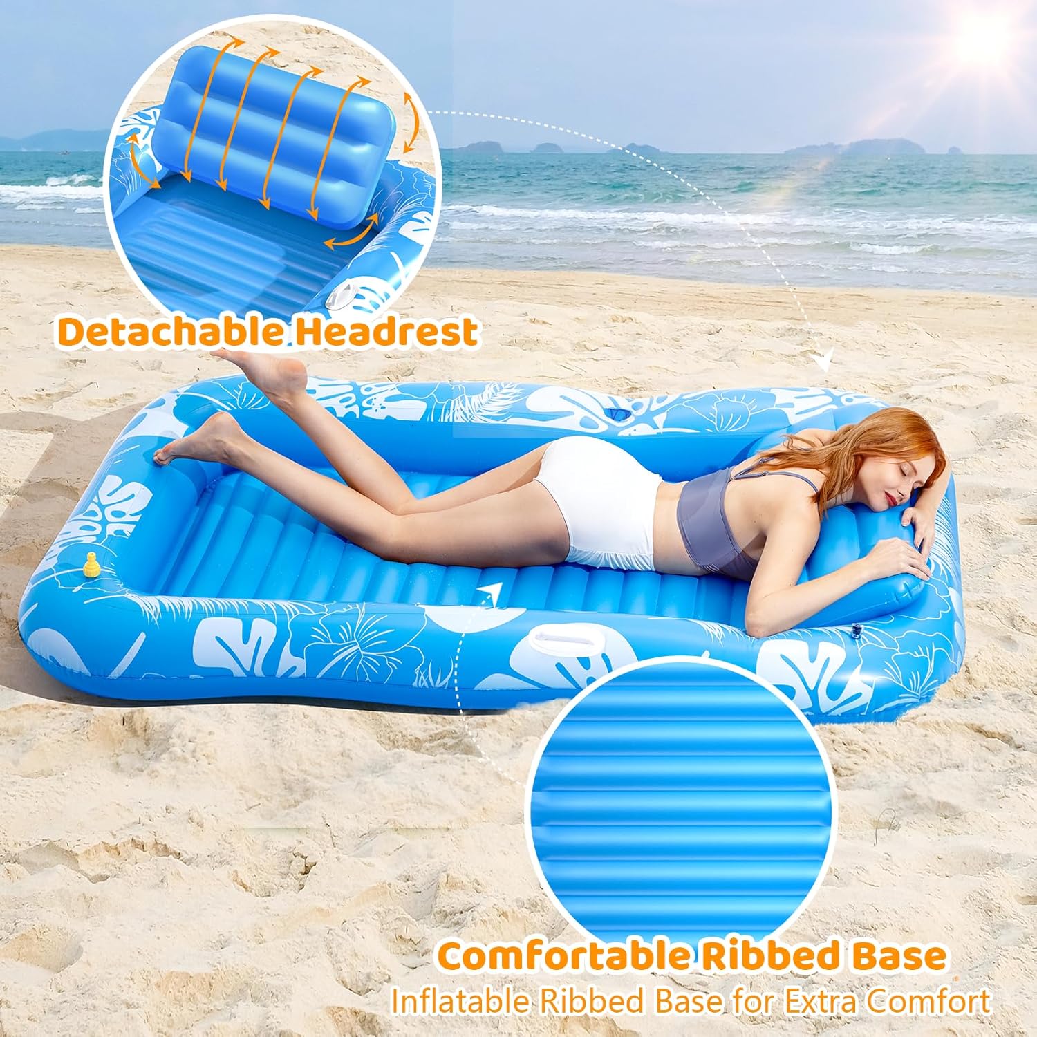 Inflatable Tanning Pool Lounger Float with Sprinkler, 77" x 48" Pool Floats Adult with Pillow, 6 in 1 Suntan Tub Raft