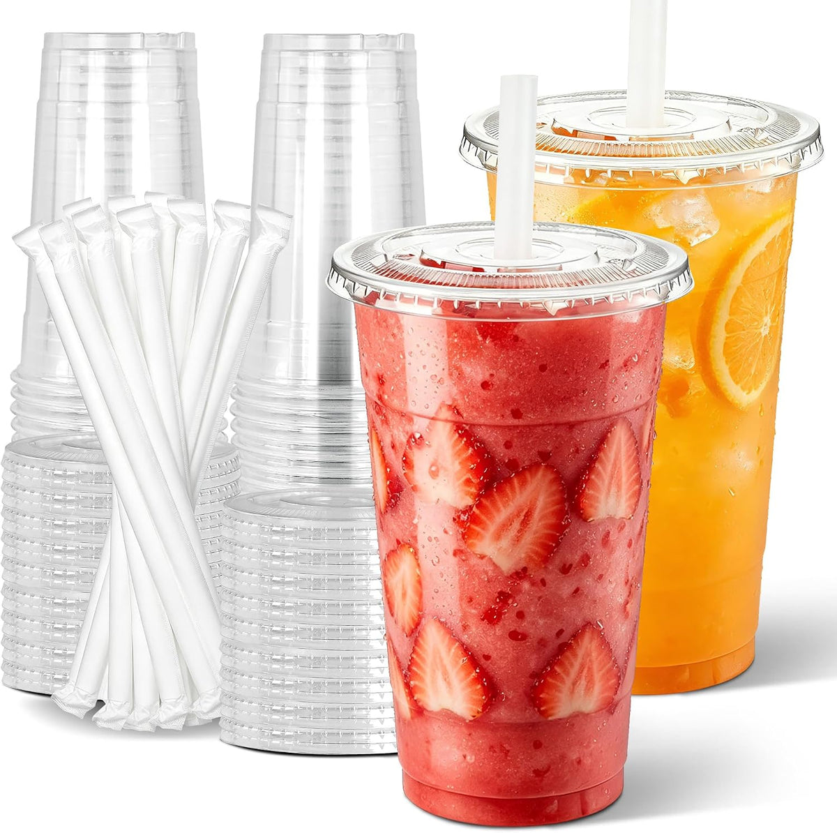 32 oz Clear Plastic To Go Cups with Lids and Straws