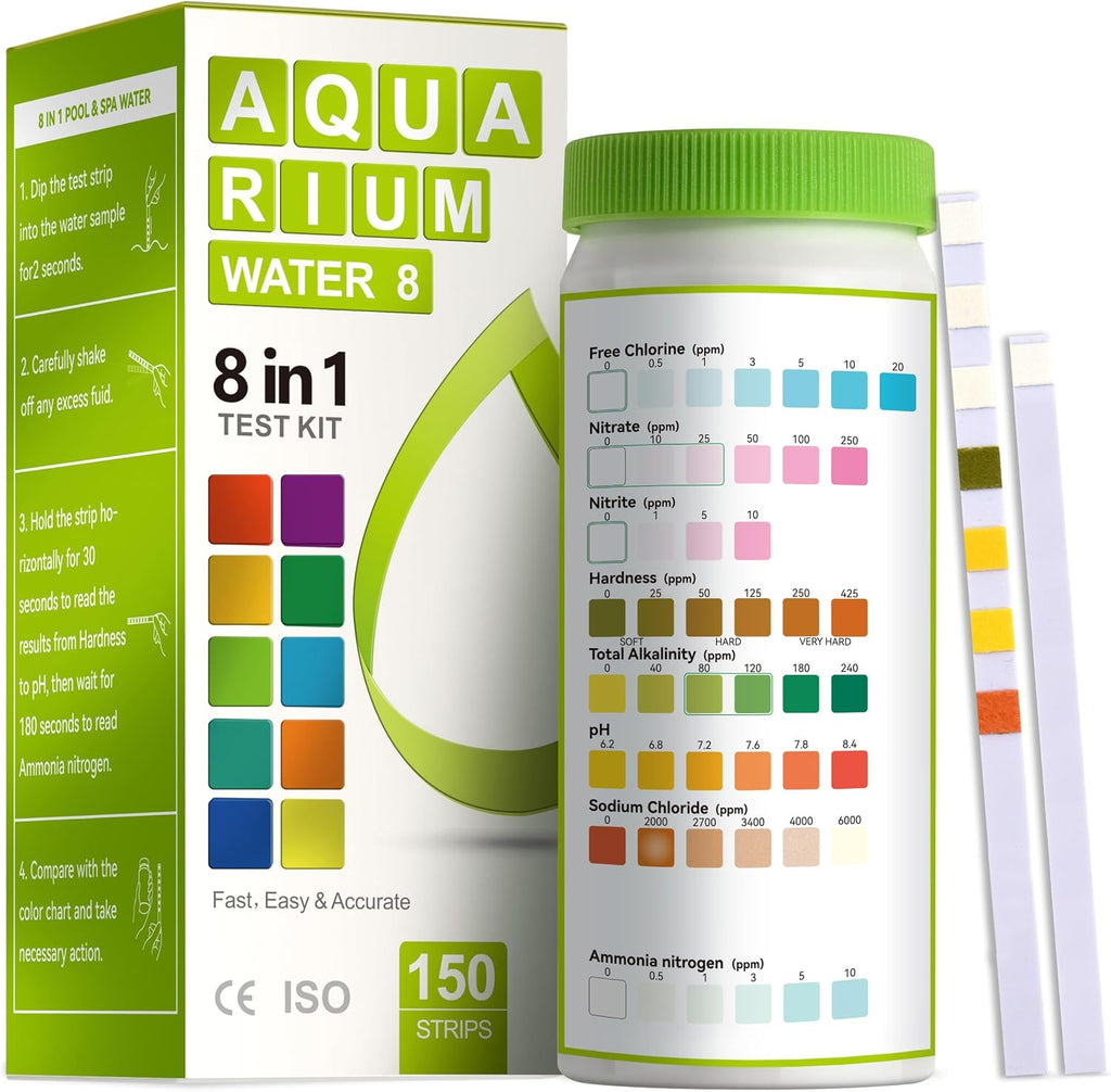 8-in-1 Aquarium Test Kit (150 Strips) for Freshwater & Saltwater - Quick & Accurate Water Testing for Aquariums &