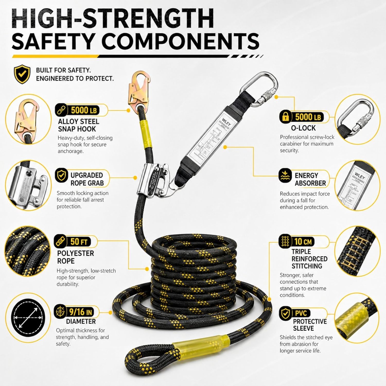 50FT Vertical Lifeline Assembly, Safety Rope,Fall Protection Rope cuerda, Safety Rope for Roofing,Polyester Roofing