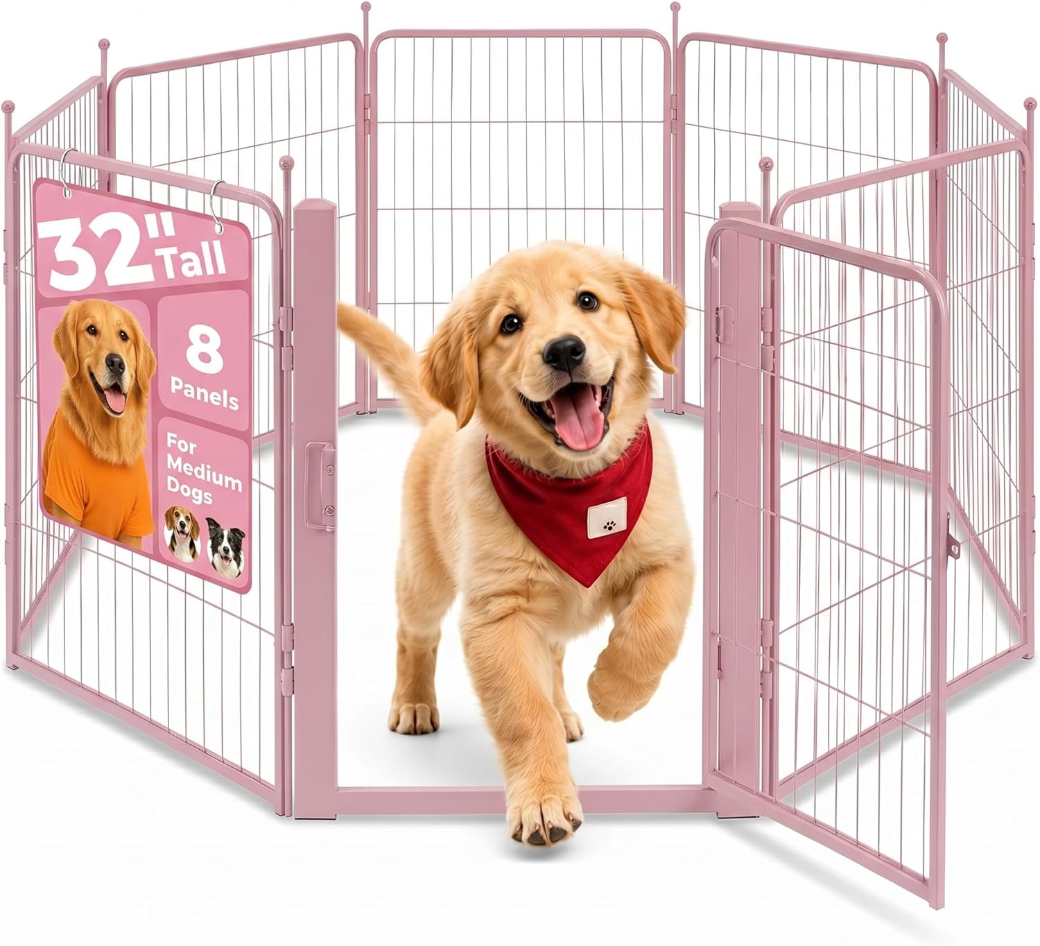 Pink Dog Playpen for Small/Medium Dogs - 32 inch 8 Panels Heavy Duty Metal Puppy Fence Outdoor Indoor with Door
