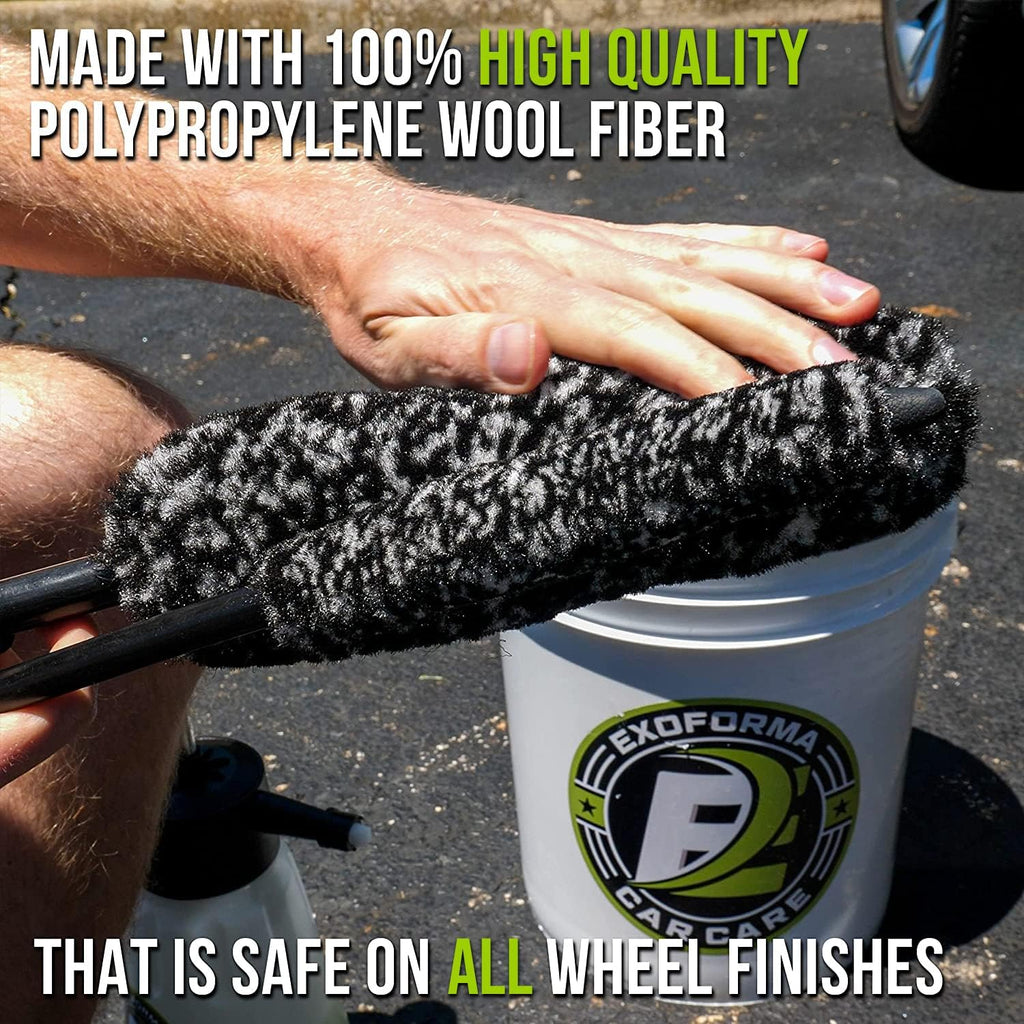 Bendable Brush Set - Unique Adjustable 2-Piece Wheel Brush Set Cleans Behind Wheels - Tough Yet Gentle Wool Fiber +