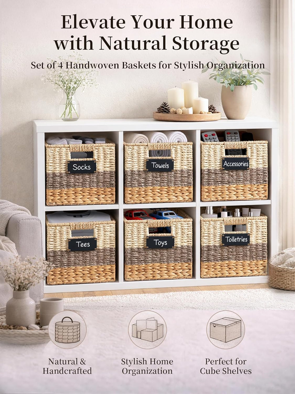 Storage Basket, 10.5x10.5x10.5 Inch Storage Cubes, Water Hyacinth Wicker Basket for Storage, Handmade Woven Baskets