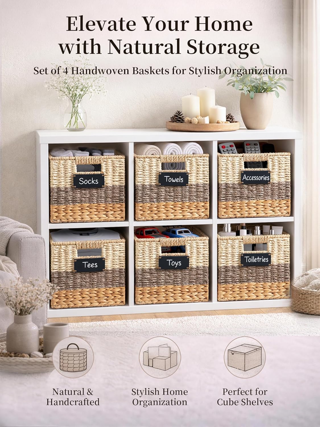 Storage Basket, 10.5x10.5x10.5 Inch Storage Cubes, Water Hyacinth Wicker Basket for Storage, Handmade Woven Baskets