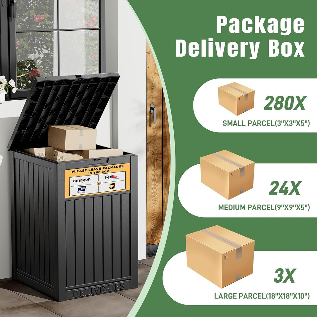 Package Delivery Box for Outside with Sign, Secure Lockable Waterproof Package Delivery Container, Resin Deck Box for