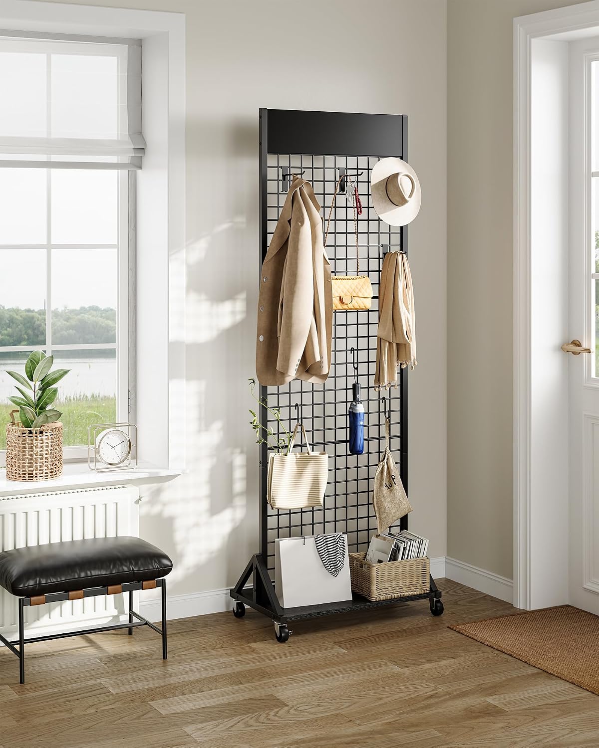 Grid Wall Panel, 2’ x 5.7’ Ft Floor Standing Gridwall Display Rack, Retail Display Stand, with 4 S-Shaped Hooks and 4