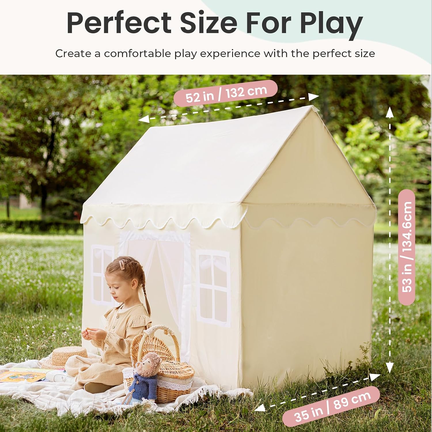 Play Tent with Padded Mat & LED Lights, Kids Tent, Playhouse, Khaki Castle Pop Up Tent for Kids Indoor
