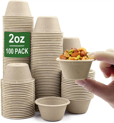 2 oz Disposable Bagasse Fiber Souffle Cups 100pk, 100% Natural Biodegradable Compostable Condiment Cups Sample Cup
