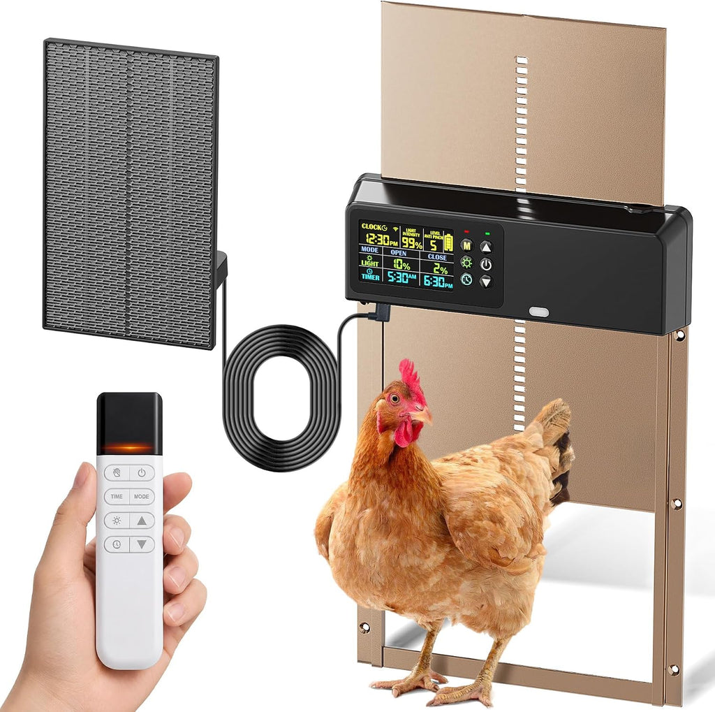 Automatic Chicken Coop Door: 3500mAh Solar Powered, 656ft Long-Range Remote, Intuitive Color LCD Display, Anti-Pinch