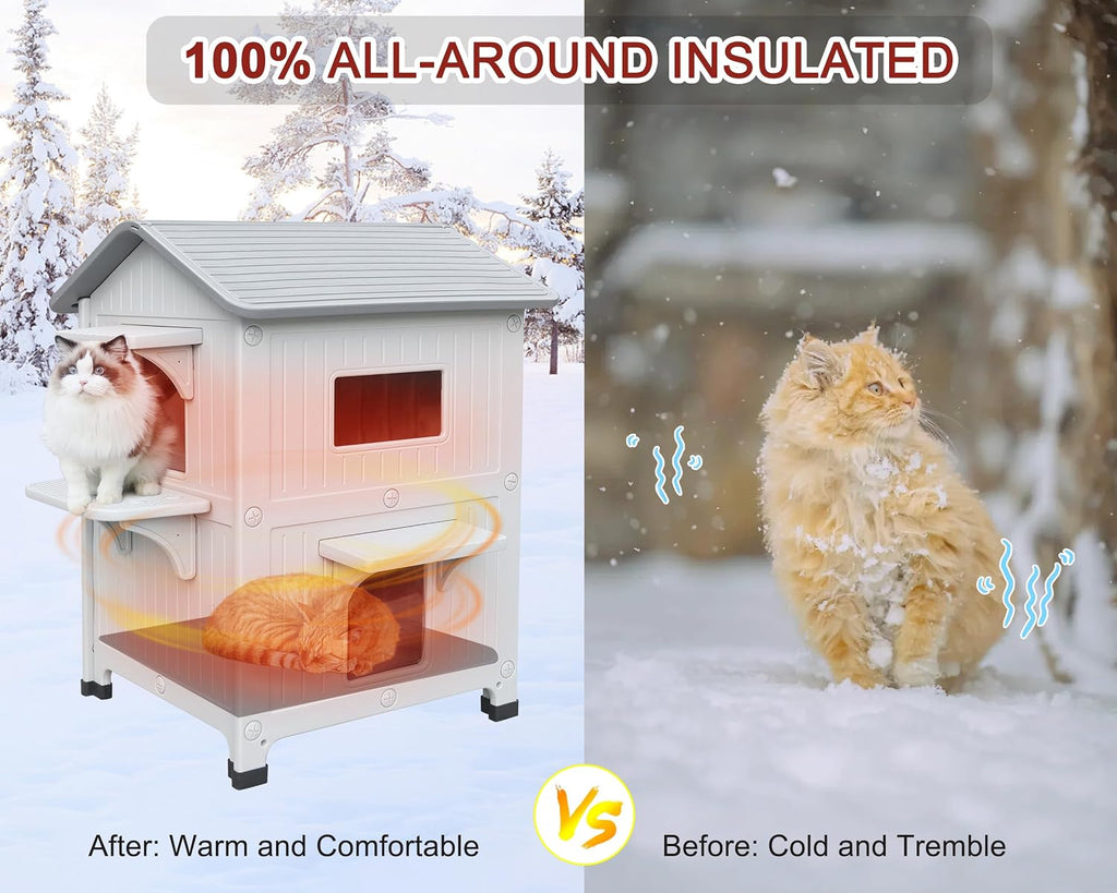 100% Insulated Outdoor Cat Houses for Winter, 2-Story Cat House Escape Door