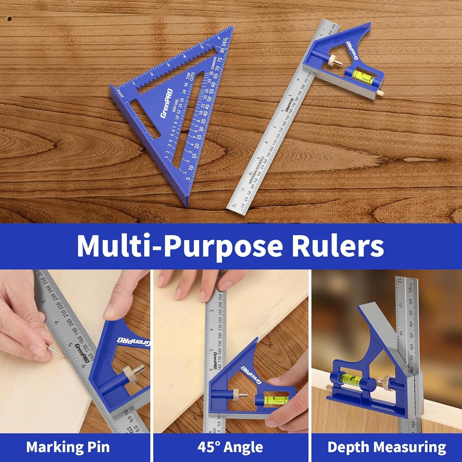 Combination Square Set, 7 & 12 Inch Aluminum Zinc Carpenter Tool | Stainless Ruler & Scriber Included, Bubble Level