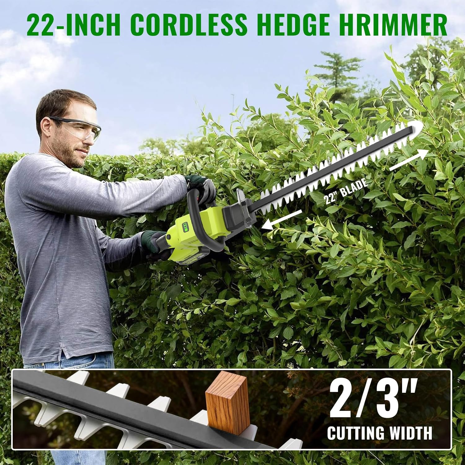 22-Inch Hedge Trimmer Cordless with 2x5.0Ah Battery & Charger | 20V Electric Bush & Shrub Trimmer | 180° Rotatable