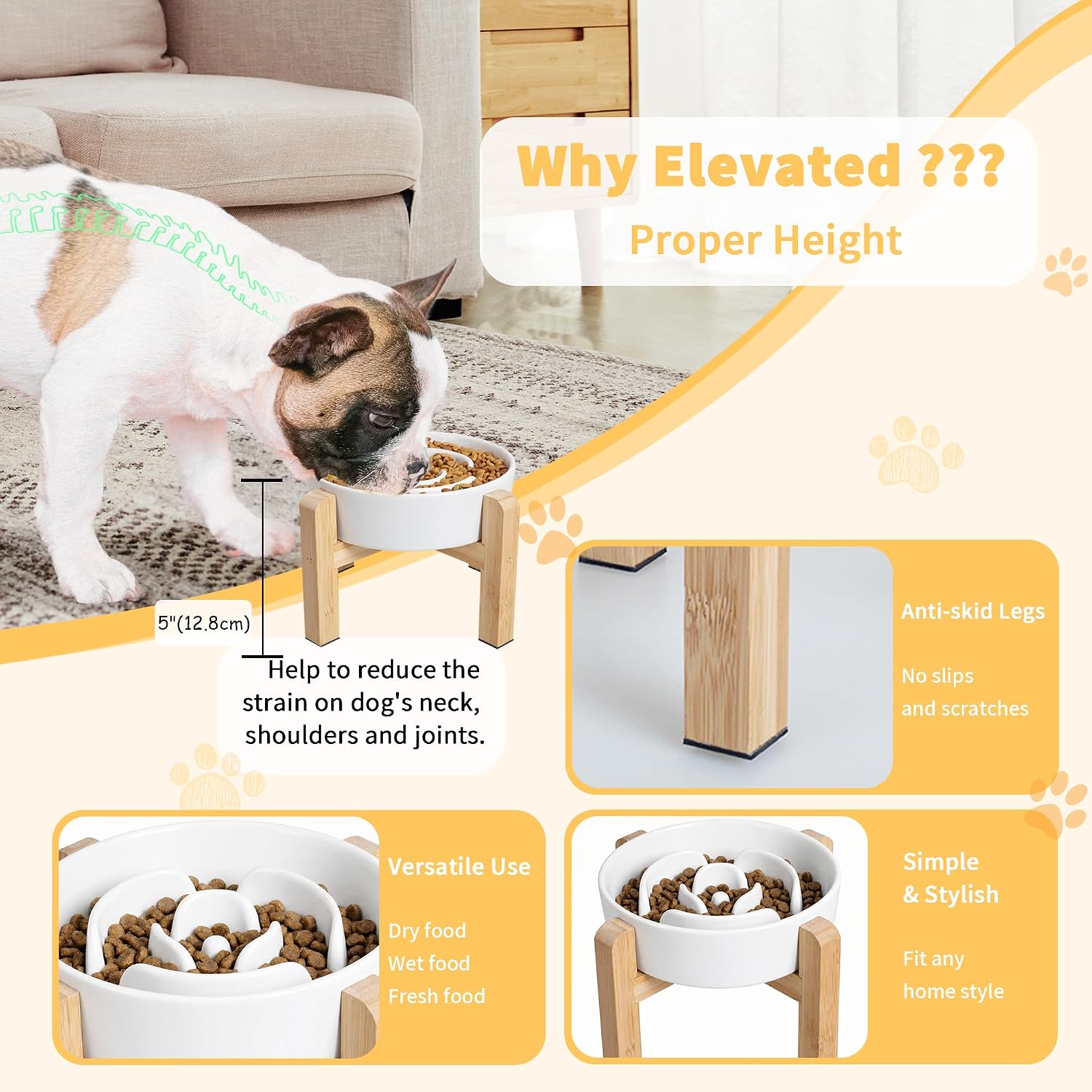 Elevated Slow Feeder Dog Bowl - Ceramic Maze Food Dish with Bamboo Stand - Raised Feeding Bowl for Fast Eaters