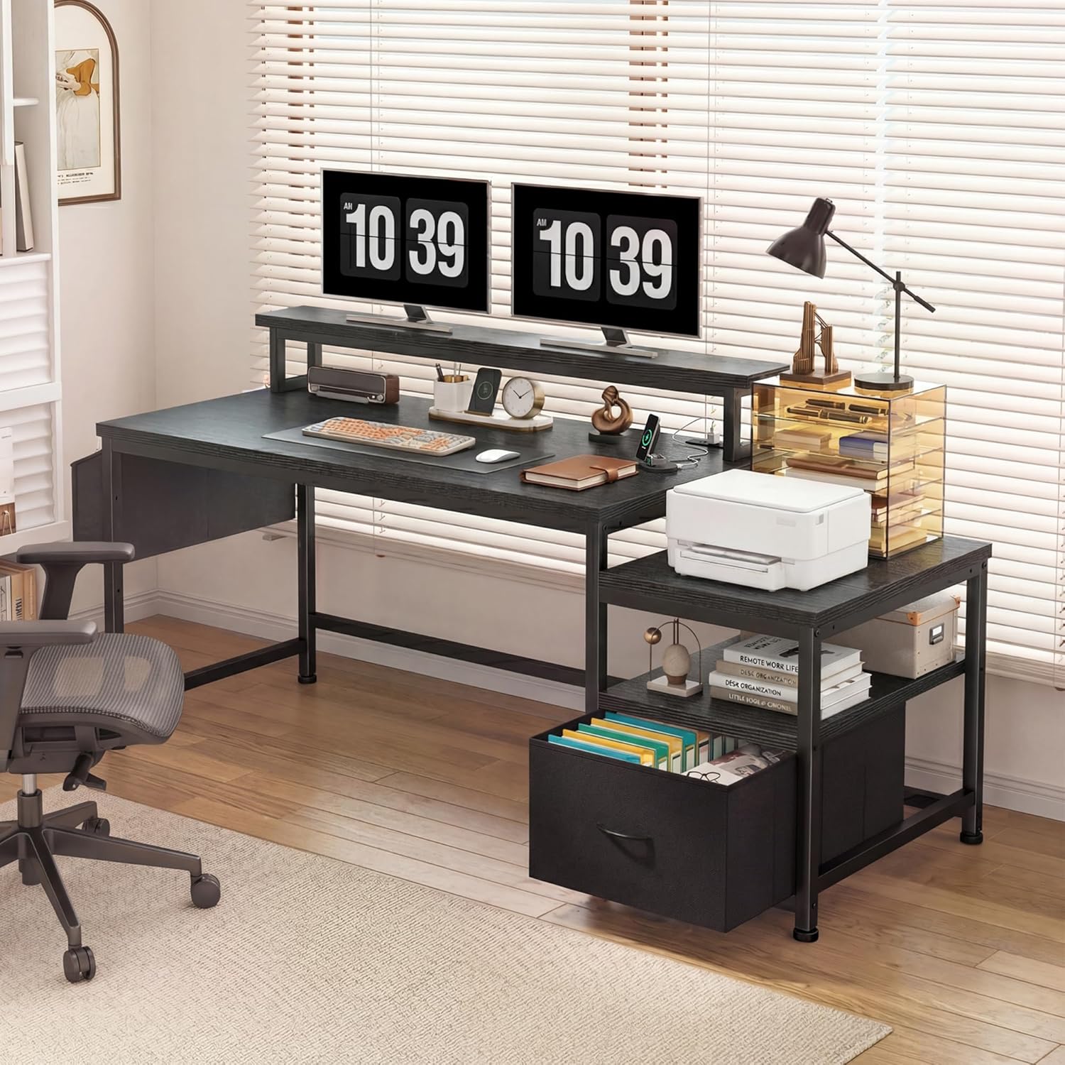 56.5" Black Computer Desk with File Drawers and Printer Space,Office Desk with Power Outlets and Monitor Stand,Gaming