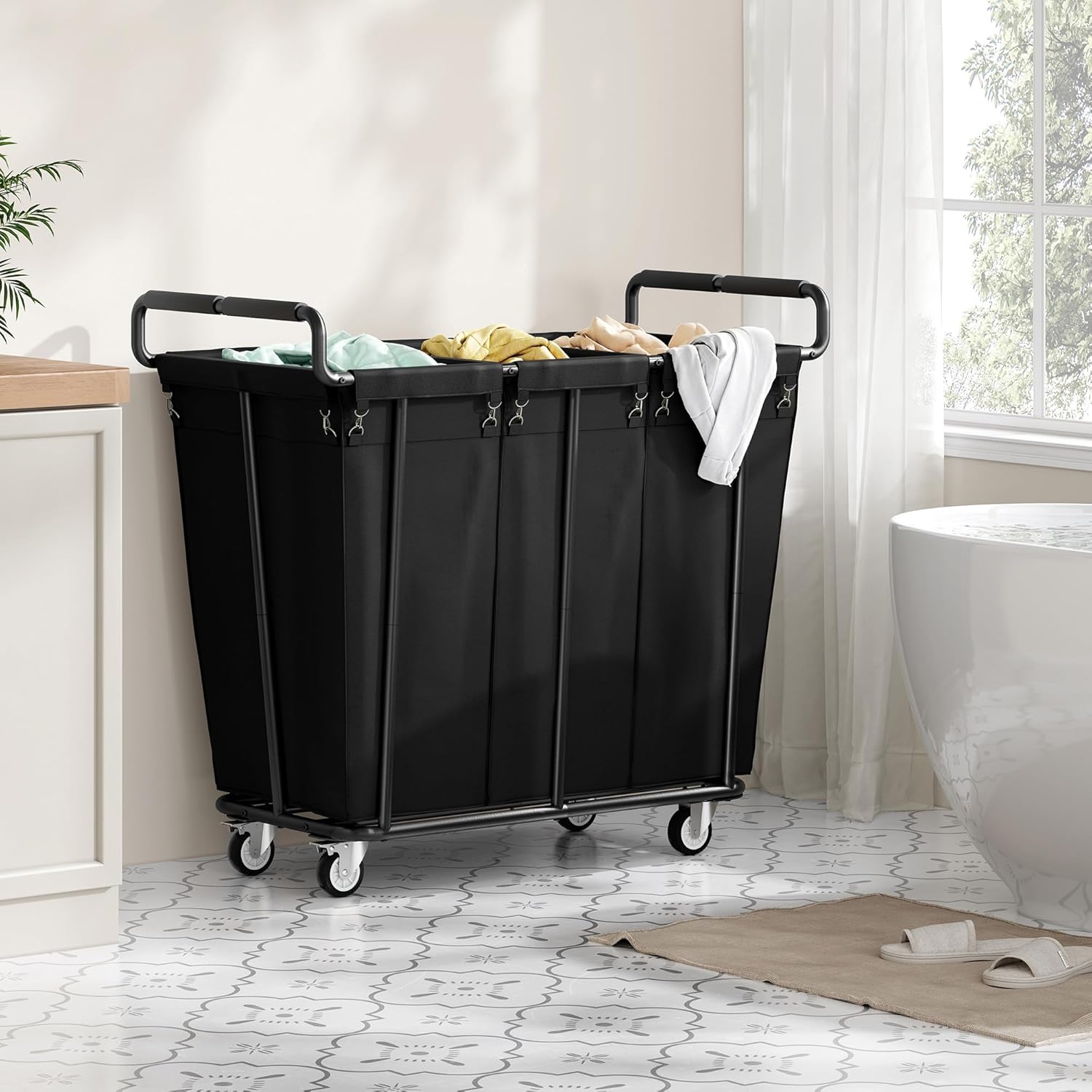3 Section Heavy Duty Laundry Sorter Cart with Wheels, 360L, Black | Rolling Laundry Hamper Sorter Cart, Extra Large