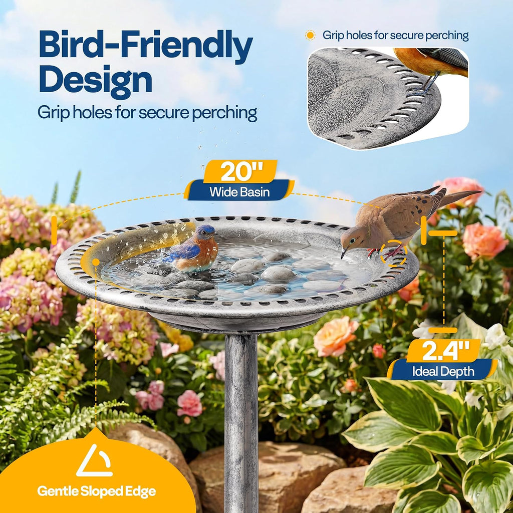 Bird Bath for Outside, Polyresin Pedestal Birdbath, Gray