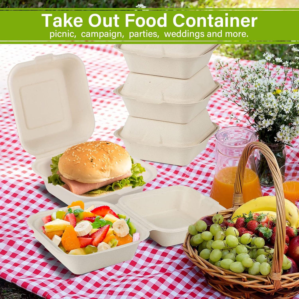 6x6 Compostable Clamshell Food Containers, 100 Pack, Bagasse
