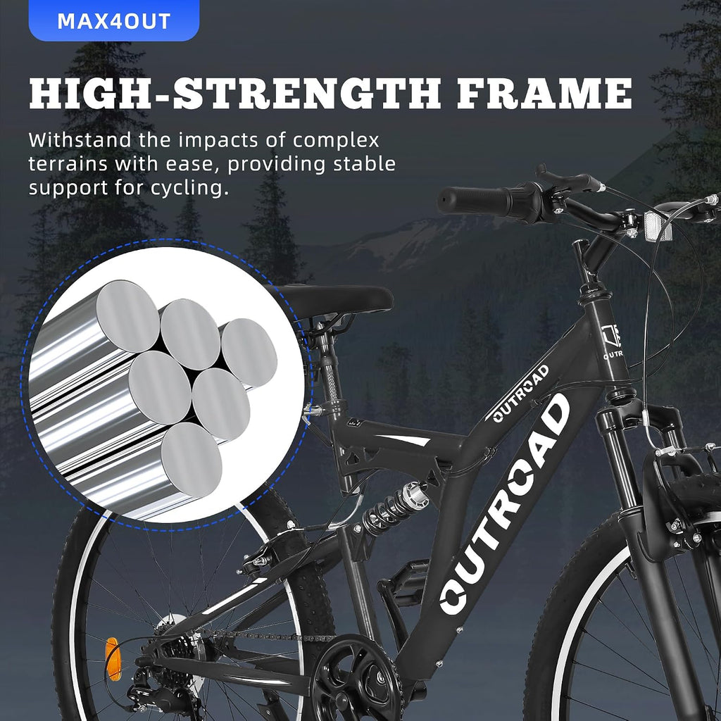 26 inch Mountain Bike Dual Full Suspension, Outdoor Hybrid Bikes,7-Speed/High-Carbon Steel