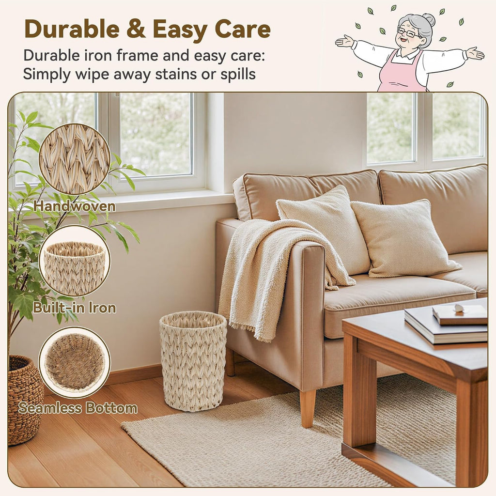Small Wicker Trash Can, Trash Basket for Decor, Butter Milk | 2 Gallon Bathroom Waste Basket, Small Plastic Bathroom