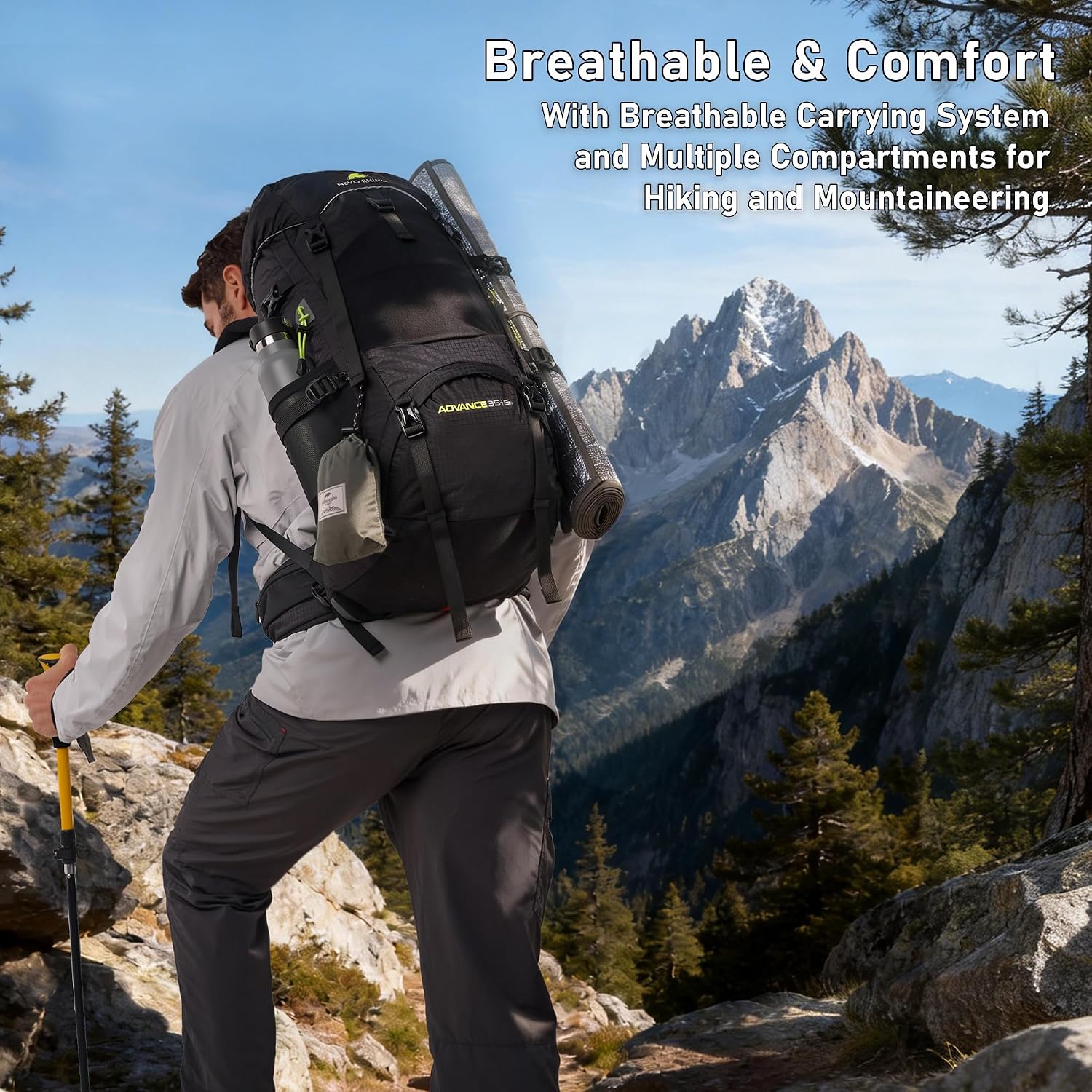 40L Internal Frame Hiking Backpack with Rain Cover | Backpacking Backpack with Padded Hip Belt, Multi-Pockets, Pole