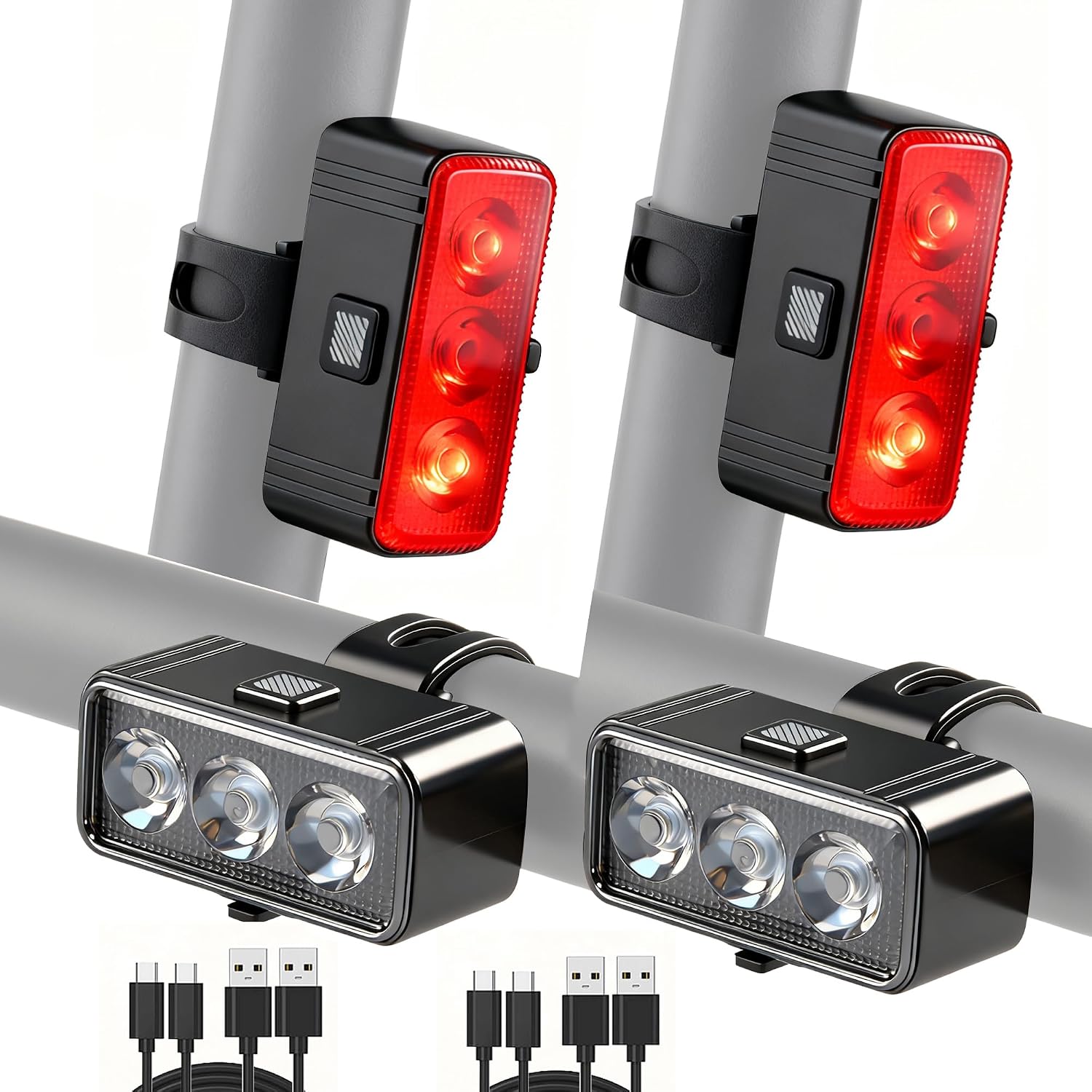 Bike Light Kit, LED Bicycle Light Set - 2 Bike Headlights & 2 Taillights, IPX4 Waterproof Rechargeable Bike Lights, 5