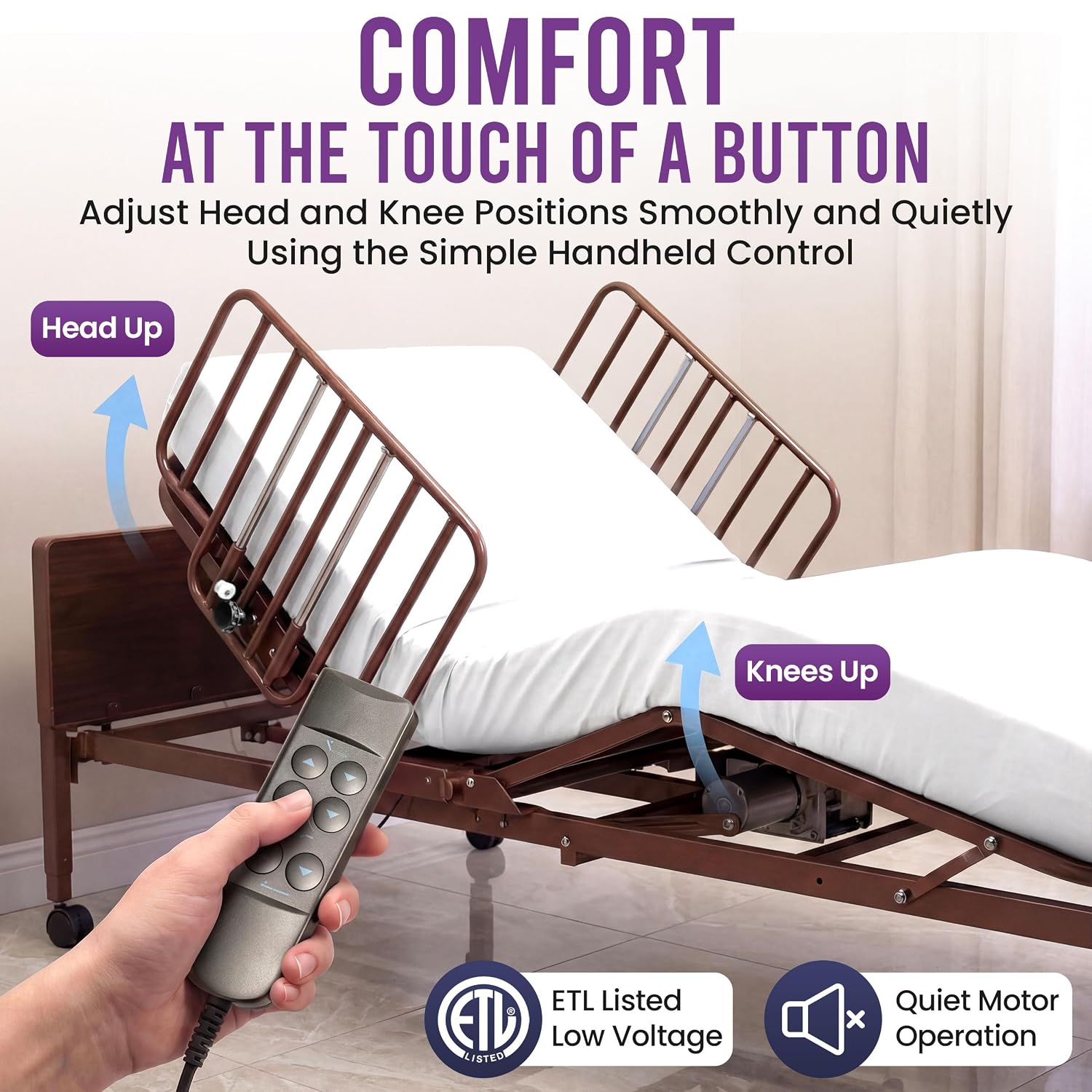 Full Electric Hospital Bed Package (Full Electric Home Hospital Bed Package w/Foam Mattress, Half Rail Set)