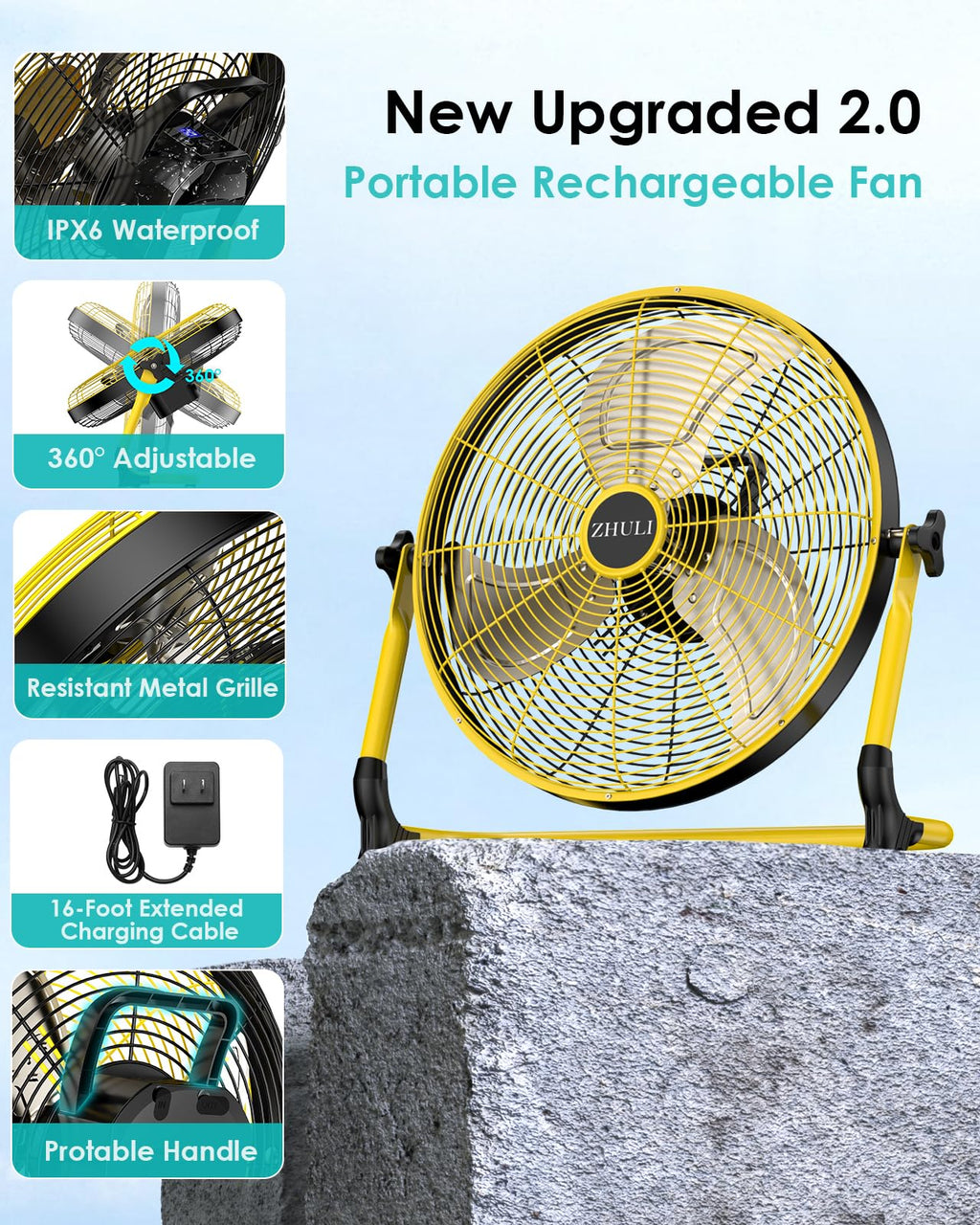 14" Solar Fan, Rechargeable Battery Operated Floor Fan