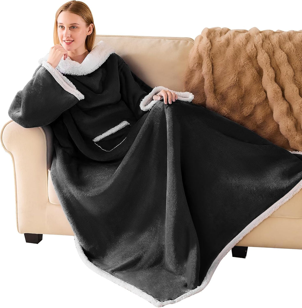 Sherpa Wearable Blanket with Sleeves, Oversized Snuggle Robe, Grey
