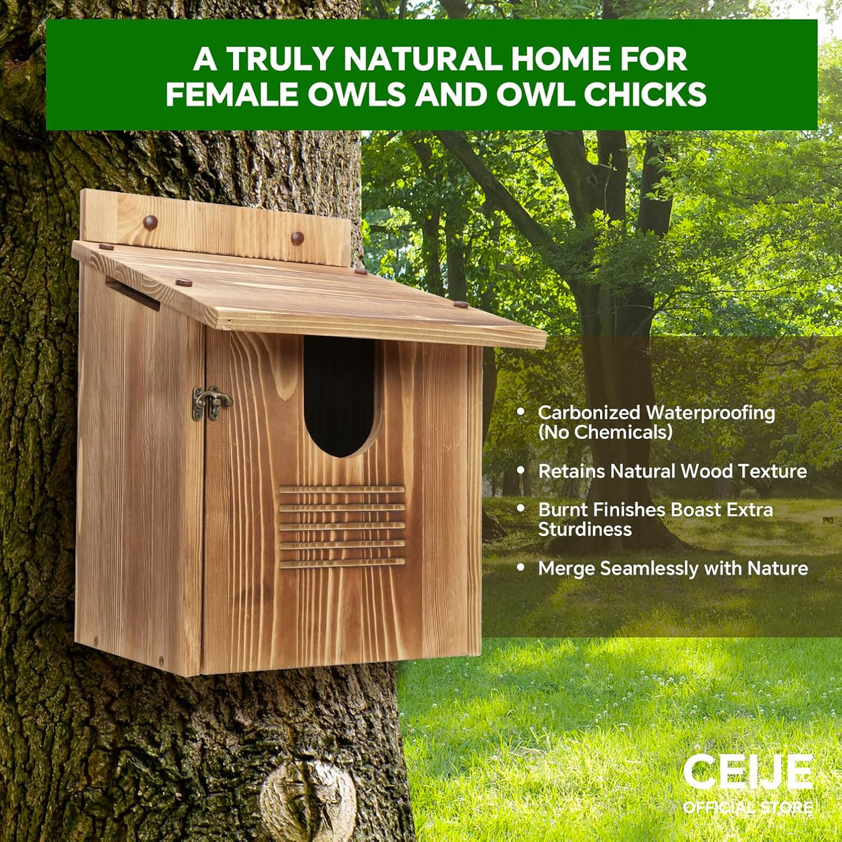 Owl Houses for Outdoors, Large Barn Owl Nesting Box, Durable Carbonized Wood for Natural Waterproofing, Assembly
