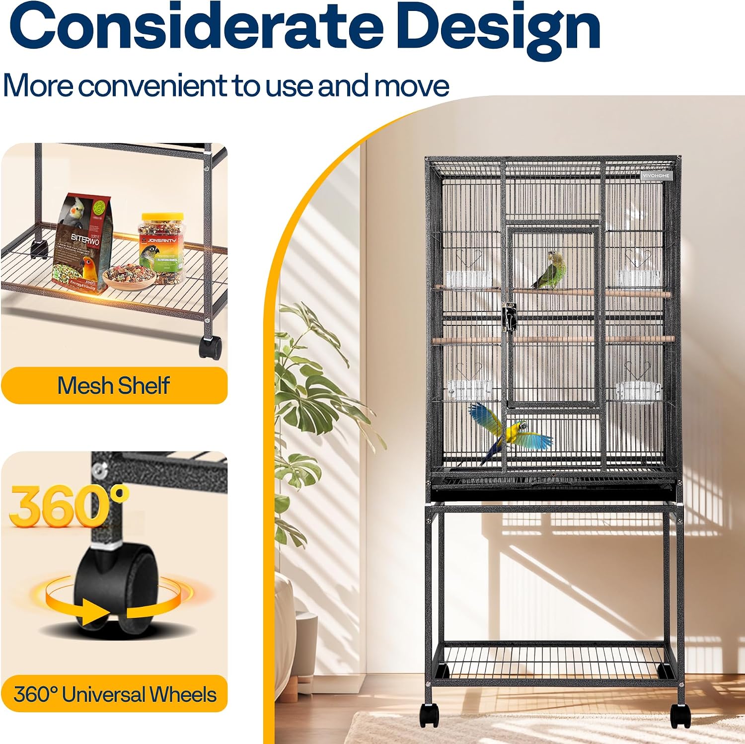 54 Inch Wrought Iron Large Bird Cage with Rolling Stand | Bird Flight Cage with Stand, Casters, Slide-out Tray for