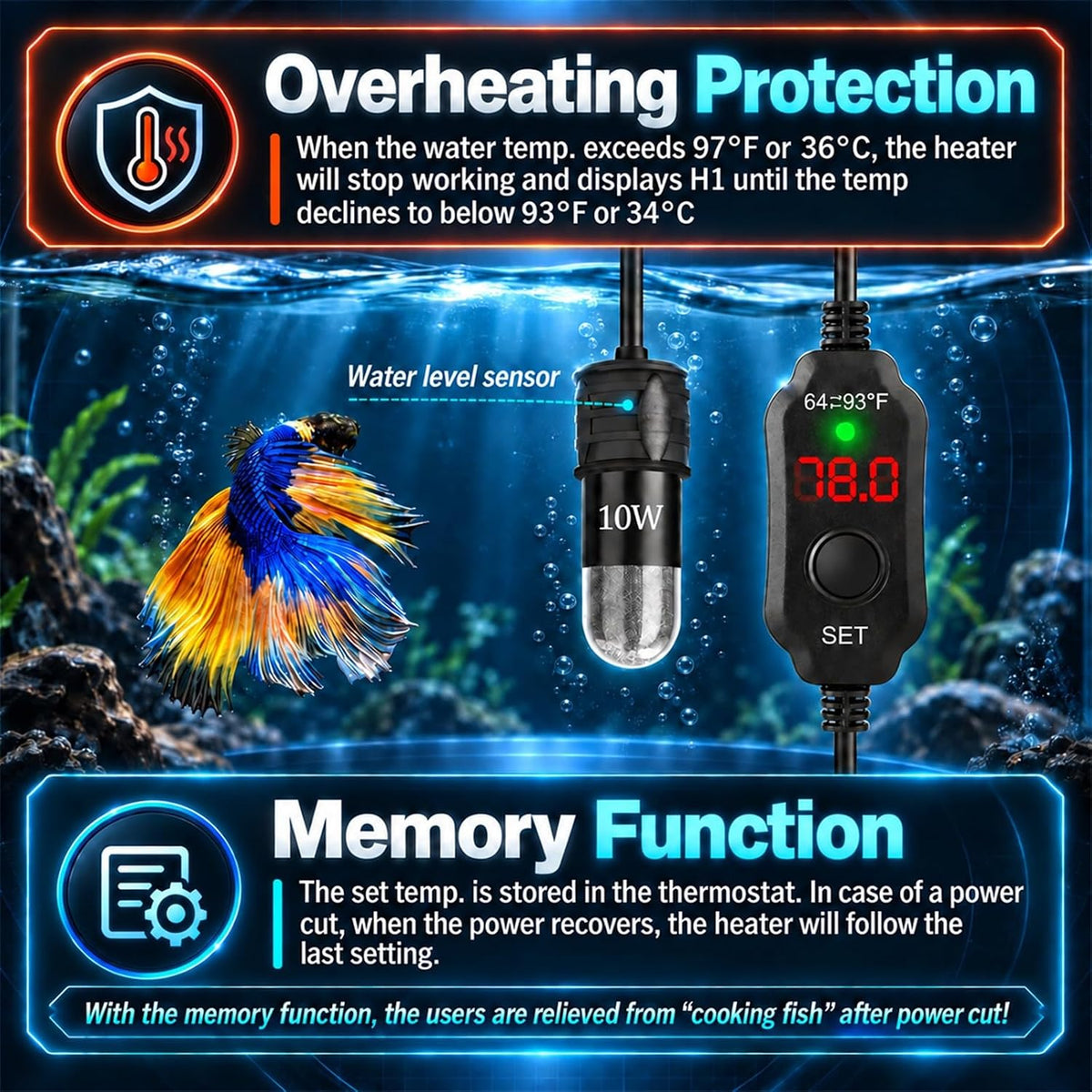 5V/2A USB 10W Super Mini Aquarium Betta Heater for Tanks up to 1 Gal