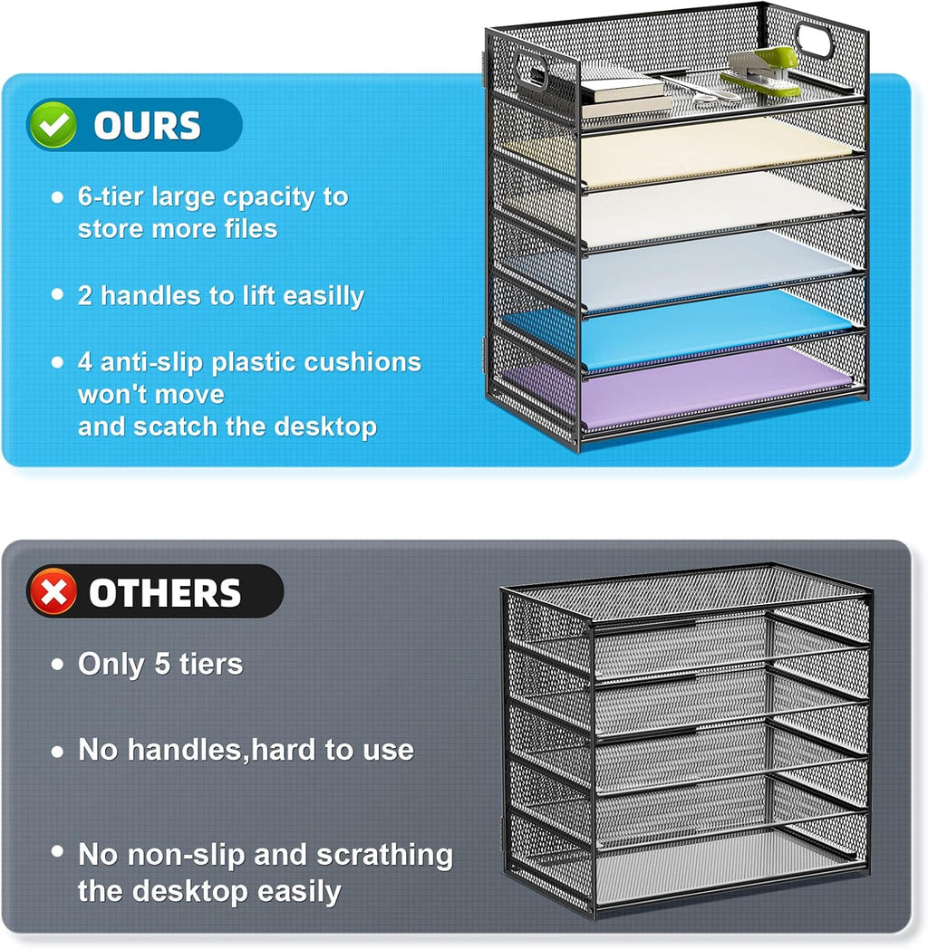6 Tier Paper Organizer Letter Tray - Mesh Desk File Organizer with Handle, Paper Sorter Organizer for Letter/A4