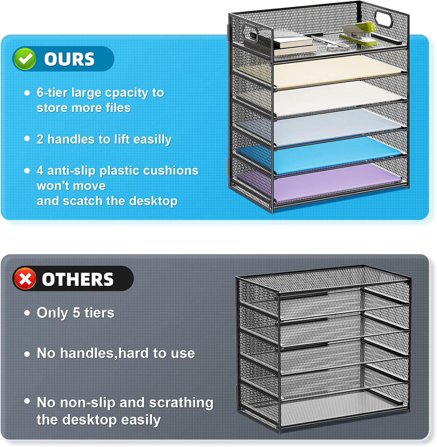 6 Tier Paper Organizer Letter Tray - Mesh Desk File Organizer with Handle, Paper Sorter Organizer for Letter/A4